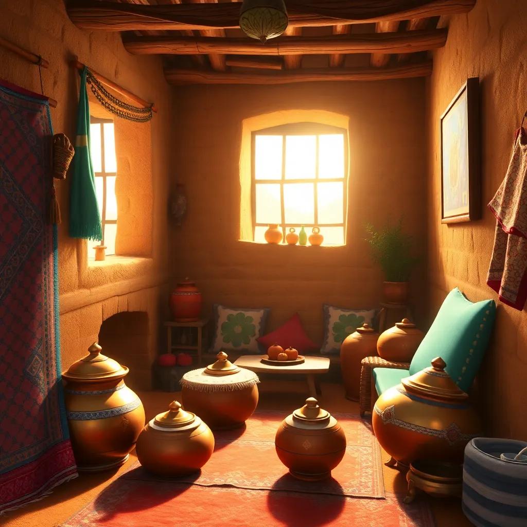A cozy interior of Hassoun's mud-brick house, decorated with colorful fabrics and shining pots, where sunlight enters through the windows, creating a warm atmosphere, digital painting, realistic, inviting, family-friendly