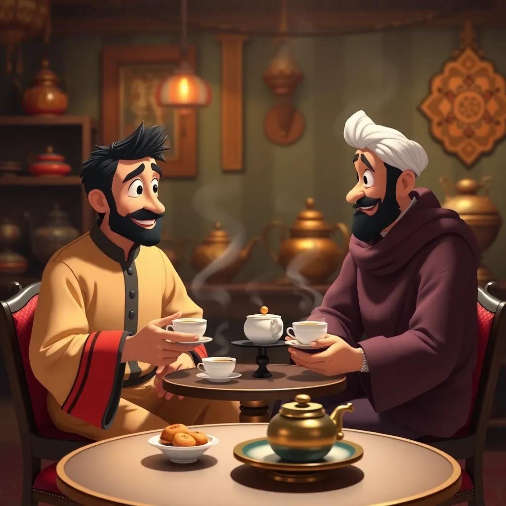 Hassoun and his friend sitting at a small table, chatting over steaming cups of tea, with rich details in the background, like traditional teapots and pastries, soft lighting, vibrant colors, heartwarming scene, high quality