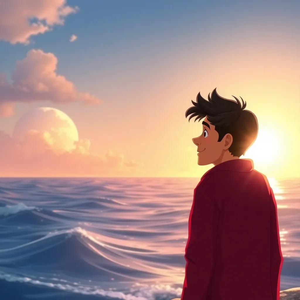 Hassoun, reminiscing about his mother with a soft smile, staring out to the sea with gentle waves and a warm sun, illustrating nostalgia and love, digital art, soothing colors, emotional atmosphere, high quality