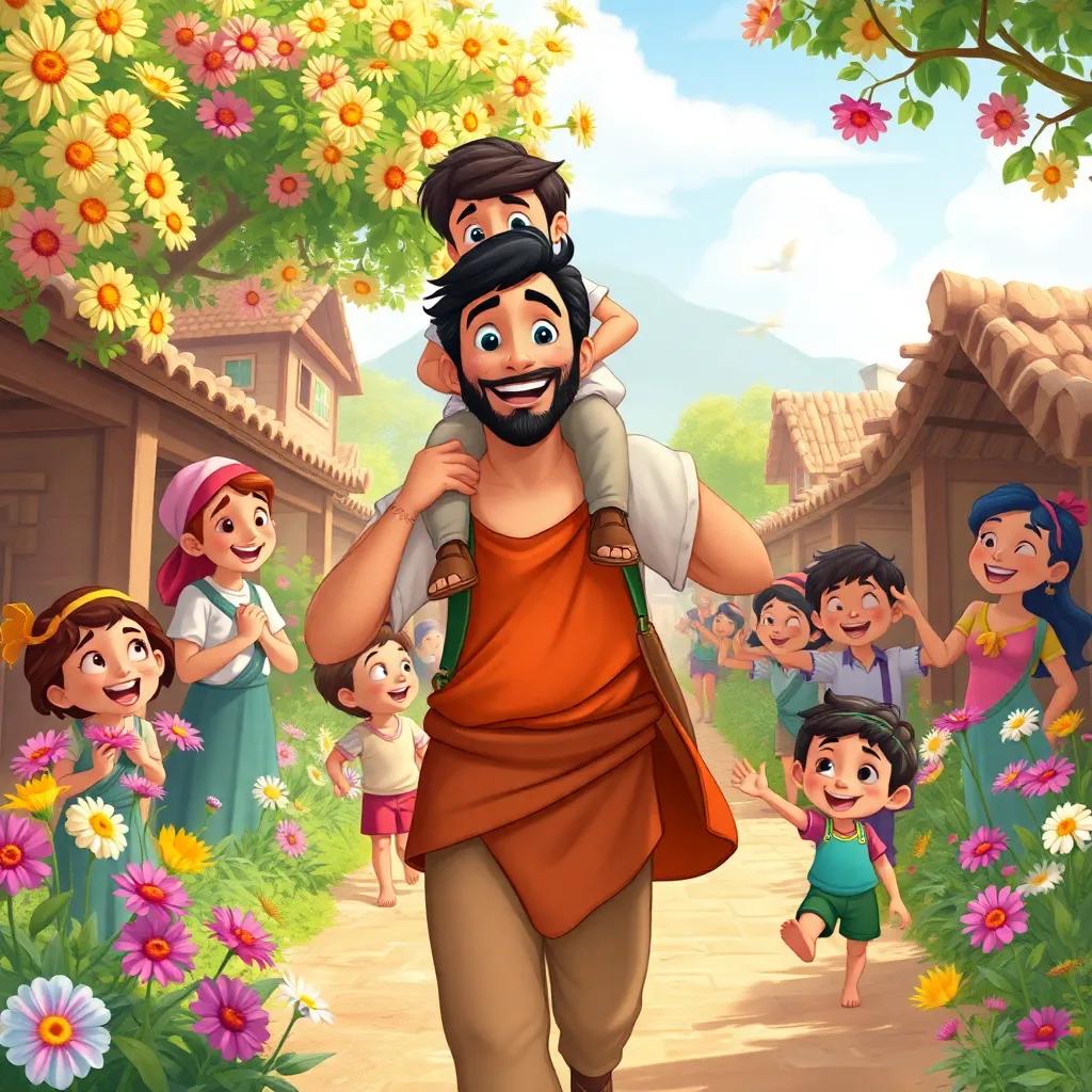 Hassoun as a father, holding his son on his shoulders, entered the village, surrounded by beautiful flowers and friendly faces, with children playing around, illustration, joyful and colorful, uplifting, family-friendly