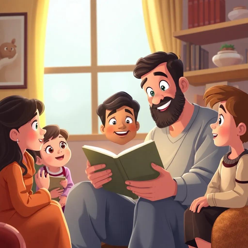 Hassoun telling a story to his children at home, with his family sitting around him, represented by warm colors and gleaming eyes as they listen intently, illustration, cozy atmosphere, family-oriented, child-friendly