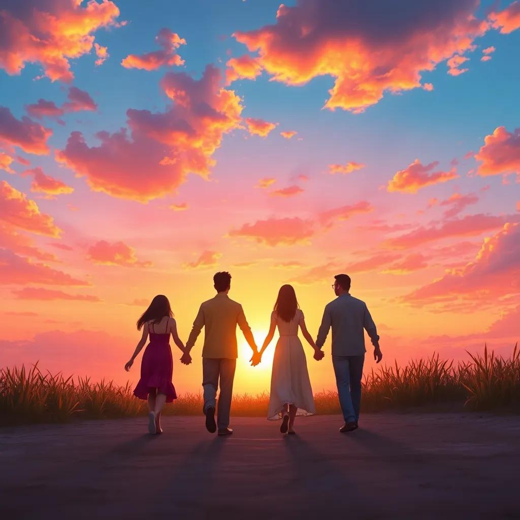 Hassoun's family holding hands and walking into the sunset, with beautiful colors painting the sky, symbolizing love and togetherness, digital art, vibrant and heartwarming, high quality