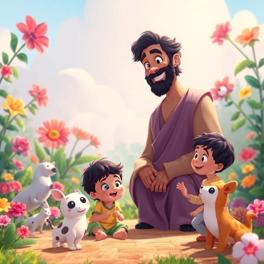 Hassoun with a proud smile, watching his children play and learn from the lessons of patience and love, surrounded by beautiful gardens and cheerful animals, illustration, rich colors, fulfilling scene, heartwarming.