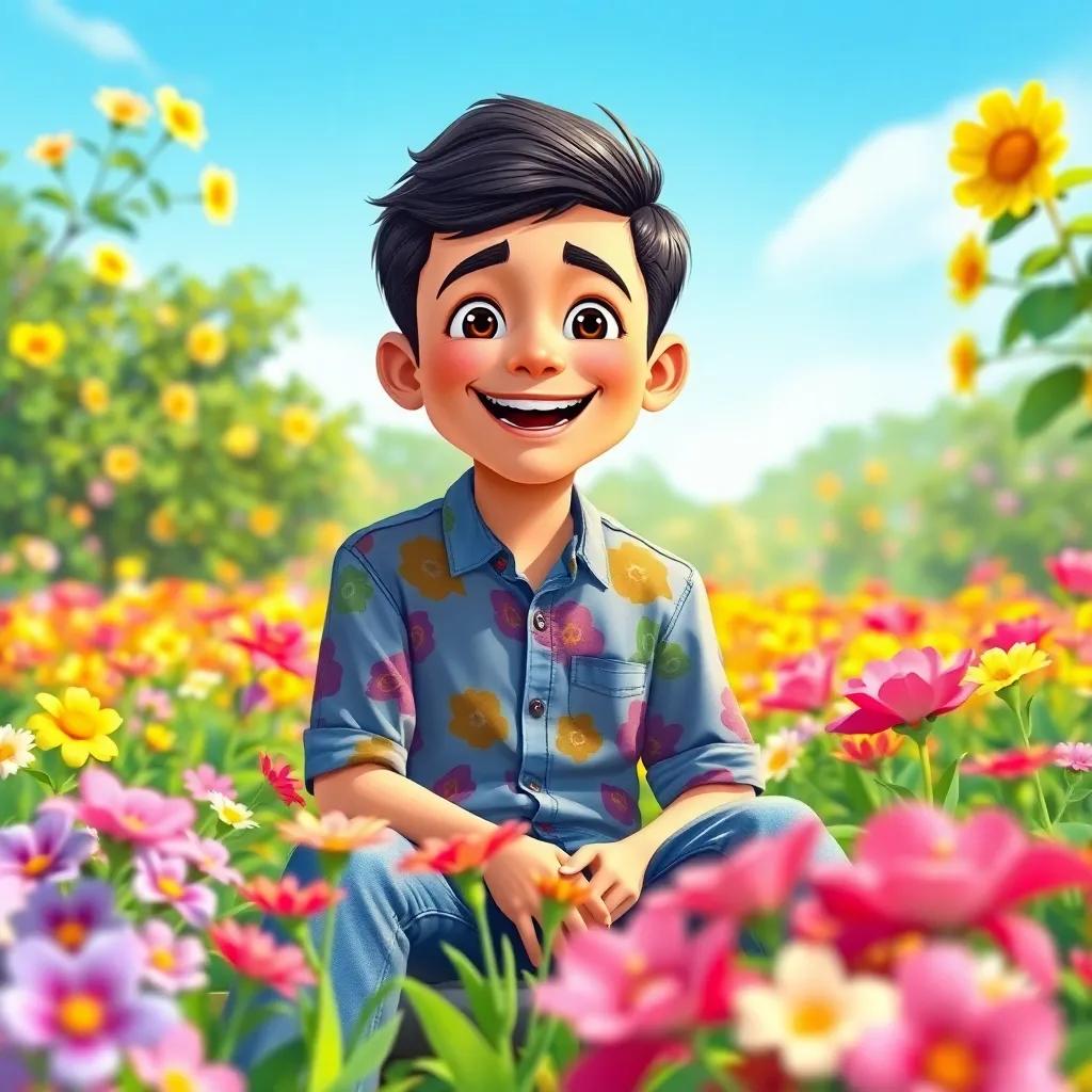 A young Arab boy, Ahmad, with short black hair, wearing a colorful shirt and jeans, sitting in a beautiful garden filled with blooming flowers, smiling excitedly, bright sunlight, vibrant colors, cheerful atmosphere, detailed illustration, high quality