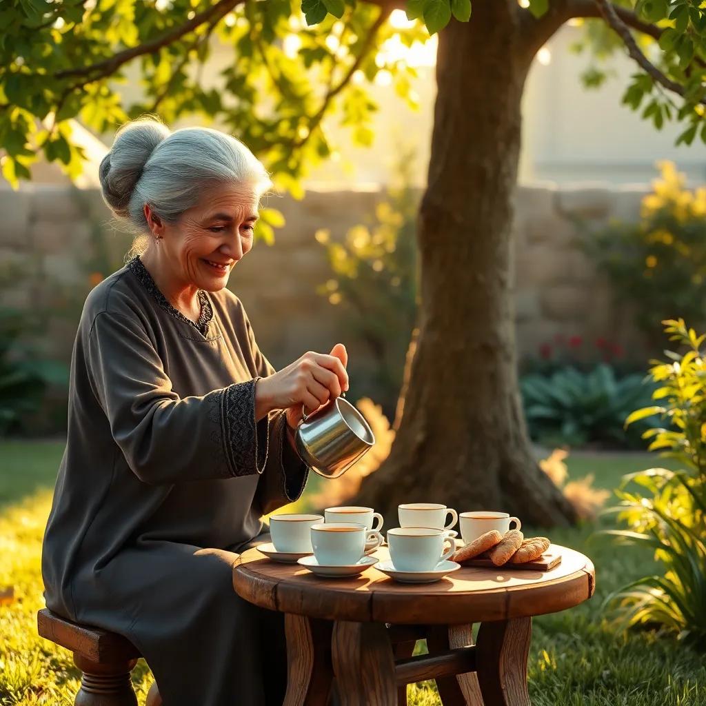 An elderly Arab woman, Ahmad's grandmother, with gray hair in a bun and wearing a traditional dress, pouring tea into cups sitting on a small wooden table with delicious snacks around, under a tree in a cozy garden, warm light, inviting feel, joyful mood, digital art, high quality