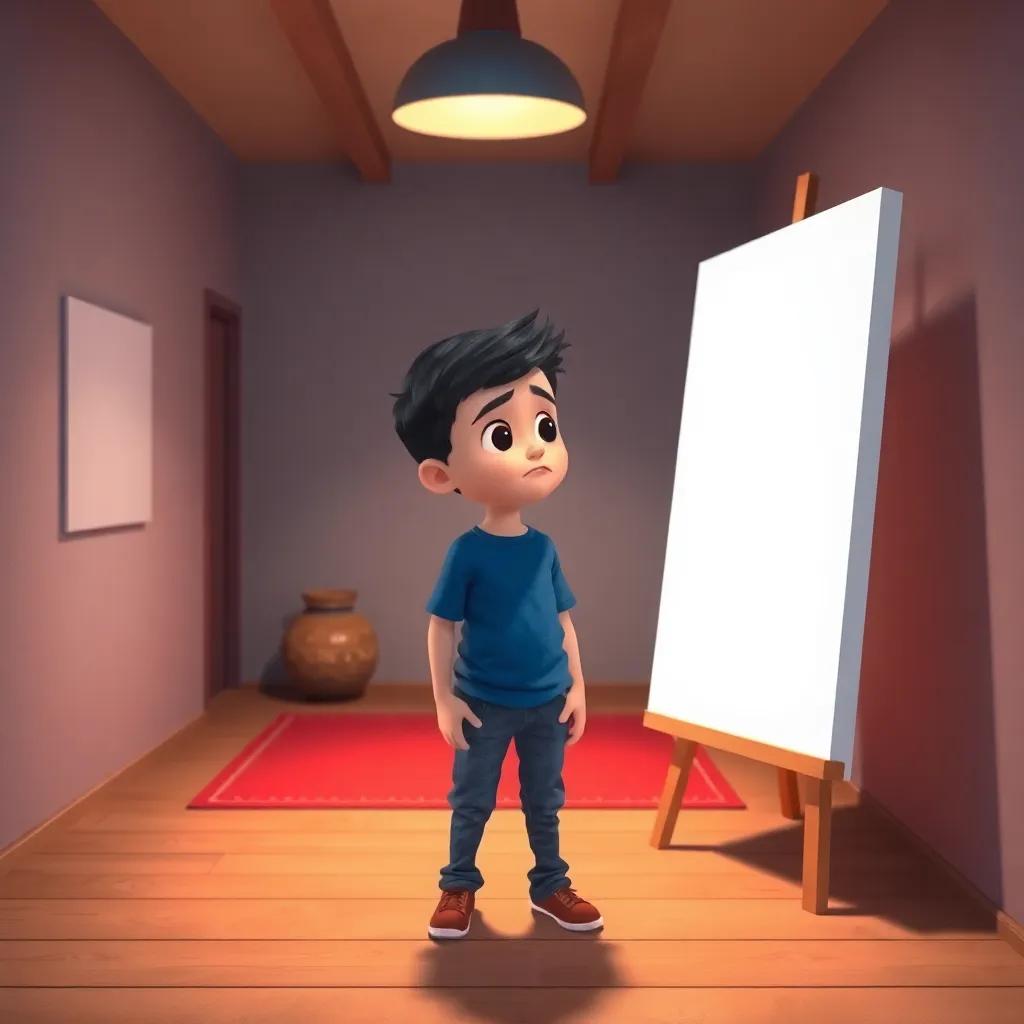A young Arab boy, Sami, with short black hair, wearing a simple blue t-shirt and jeans, looking at a blank canvas with a sad face in a small room with no colors, digital art, bright and colorful, inviting atmosphere, high quality