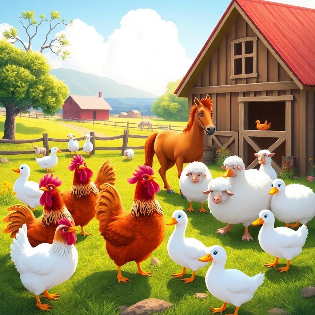 A beautiful farm with various animals living together; hens, a horse, sheep, and ducks playing in the sunshine, cheerful atmosphere, vibrant colors, charming landscape, digital illustration, inviting scenery.