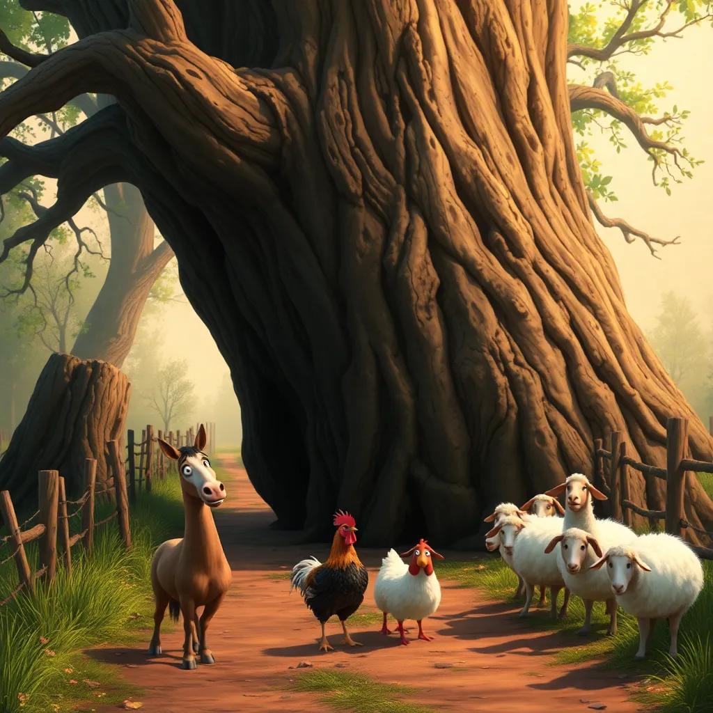 A large fallen tree on the path with a worried horse standing nearby, a hen looking encouraging, and sheep gathering around, drama in a farm setting, warm light, high-quality illustration, focus on animals' expressions.