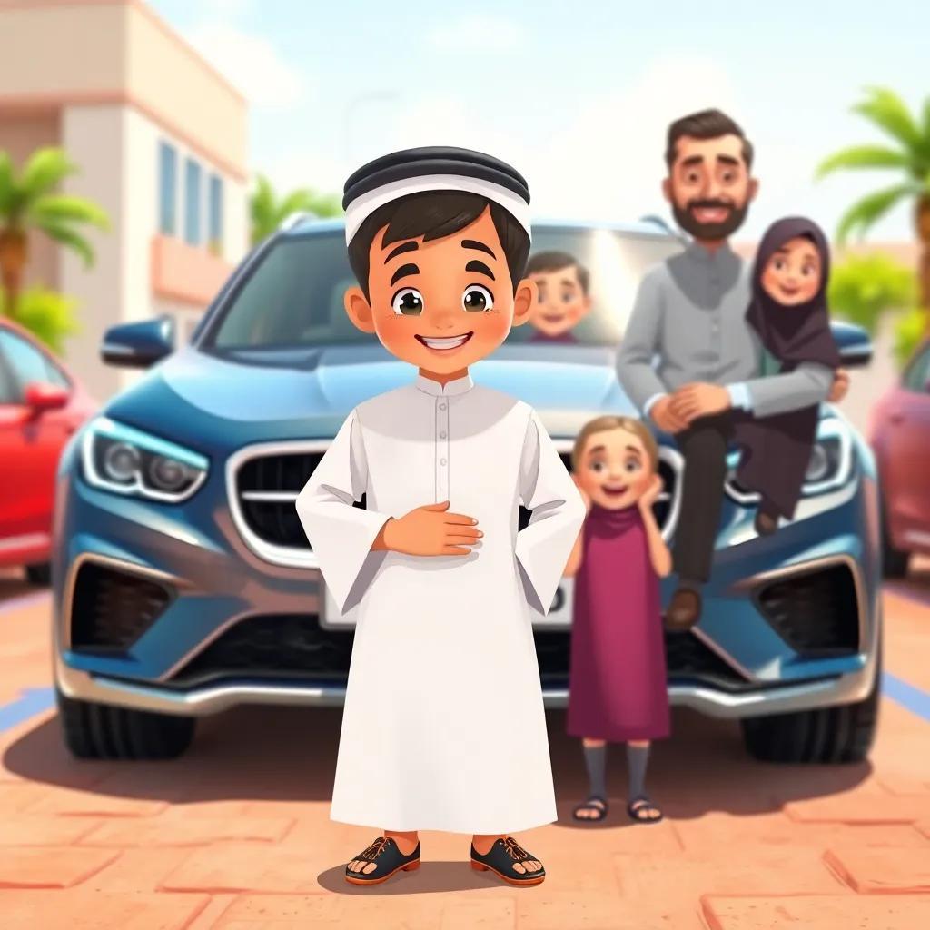 Khaled, a young Omani boy, in a traditional dish-dash, standing proudly with his family in front of their new car, joyful expressions, bright sunny day, illustration, cheerful, uplifting vibe, high quality