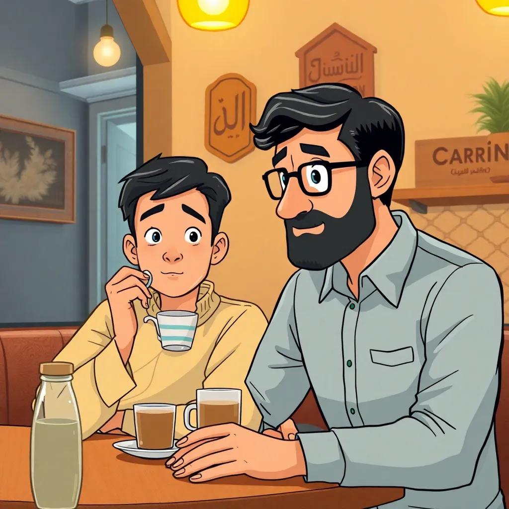 An Arabic teacher, Sultan, a middle-aged man with short black hair and glasses, sitting next to Sayed at the café, sipping coffee while listening closely, dim light, friendly colors, calm setting, high quality