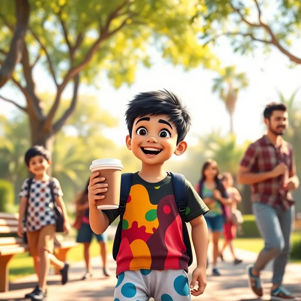 A young Arab boy, Omar, with short black hair, wearing a colorful t-shirt and shorts, holding a hot chocolate cup, excited in a sunny park with friends, digital art, cheerful atmosphere, vibrant colors, engaging perspective, high quality