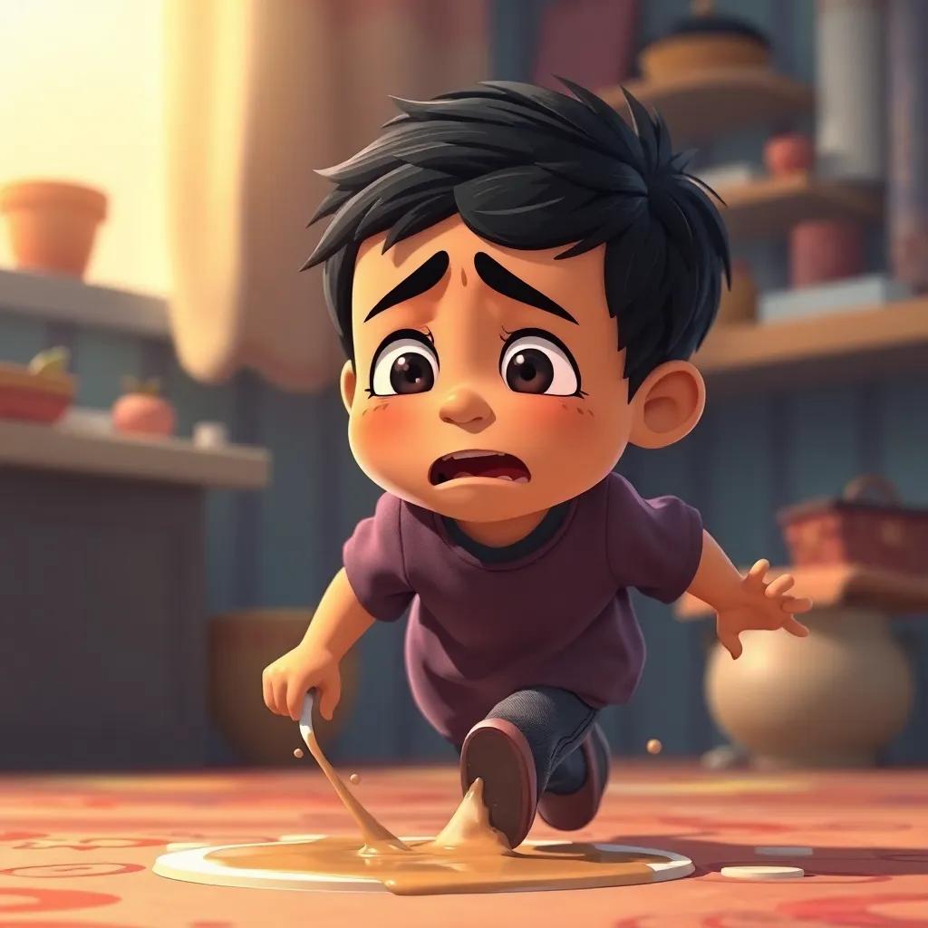 Omar, a young Arab boy with short black hair, showing pain while running towards his mother after spilling hot chocolate, vibrant background, parenting moments, warm colors, caring scene, storytelling perspective, high quality