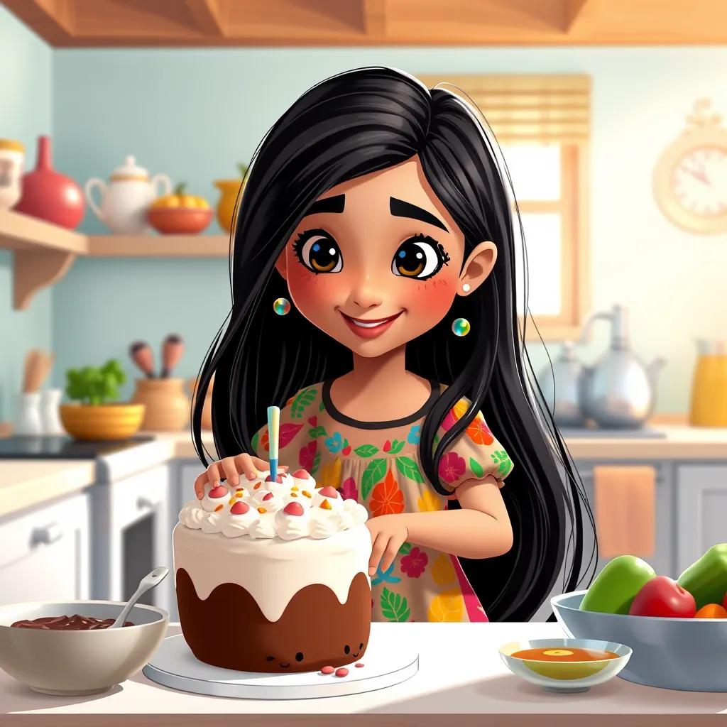A young Arab girl, Khawlah, with long, black hair wearing a colorful dress, trying to bake a cake in a bright kitchen full of ingredients, joyful, colorful art, child-friendly