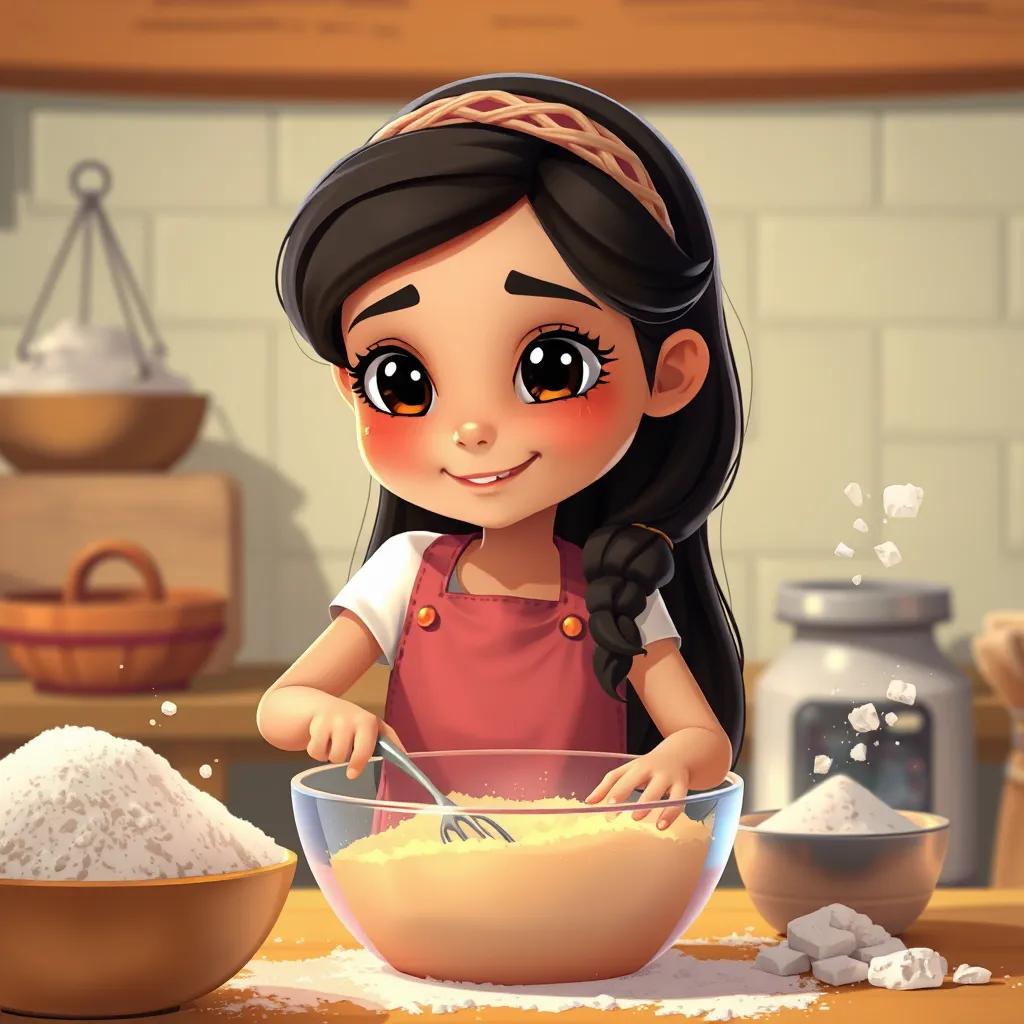 Khawlah, a young Arab girl, with long, black hair wearing an apron, mixing ingredients in a big bowl, surrounded by flour and sugar, cheerful, warm lighting, child-friendly
