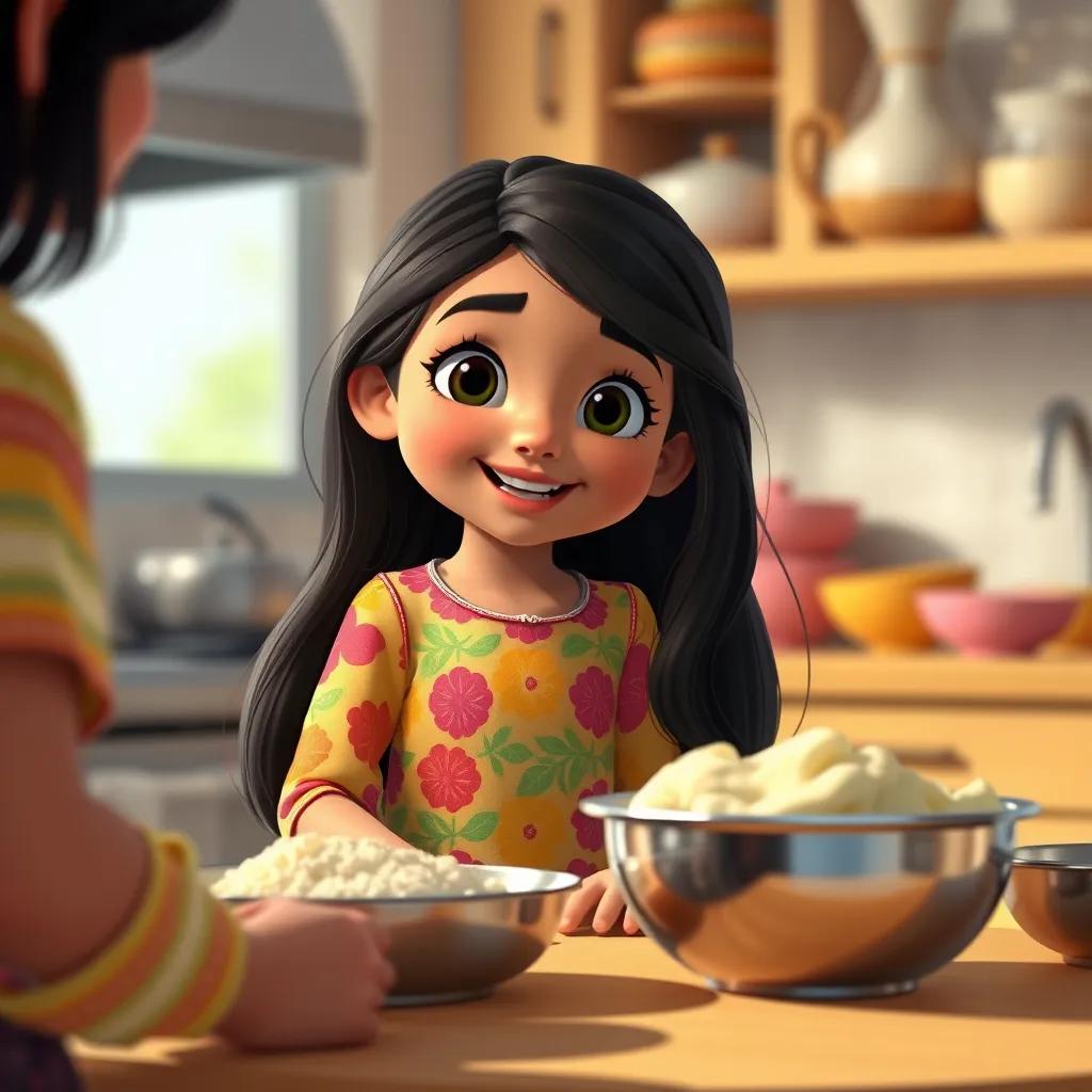 Khawlah, a young Arab girl, with long, black hair in a colorful dress, watching her mom prepare cake ingredients, smiling and excited, bright kitchen, heartwarming, colorful