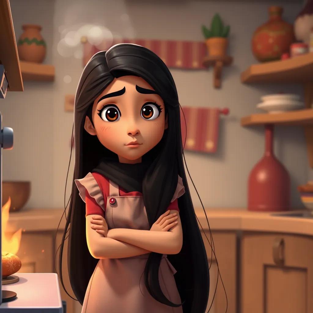 Khawlah, a young Arab girl with long, black hair in an apron, looking nervous while looking at the oven, anticipation in her eyes, cozy kitchen, warm colors, uplifting