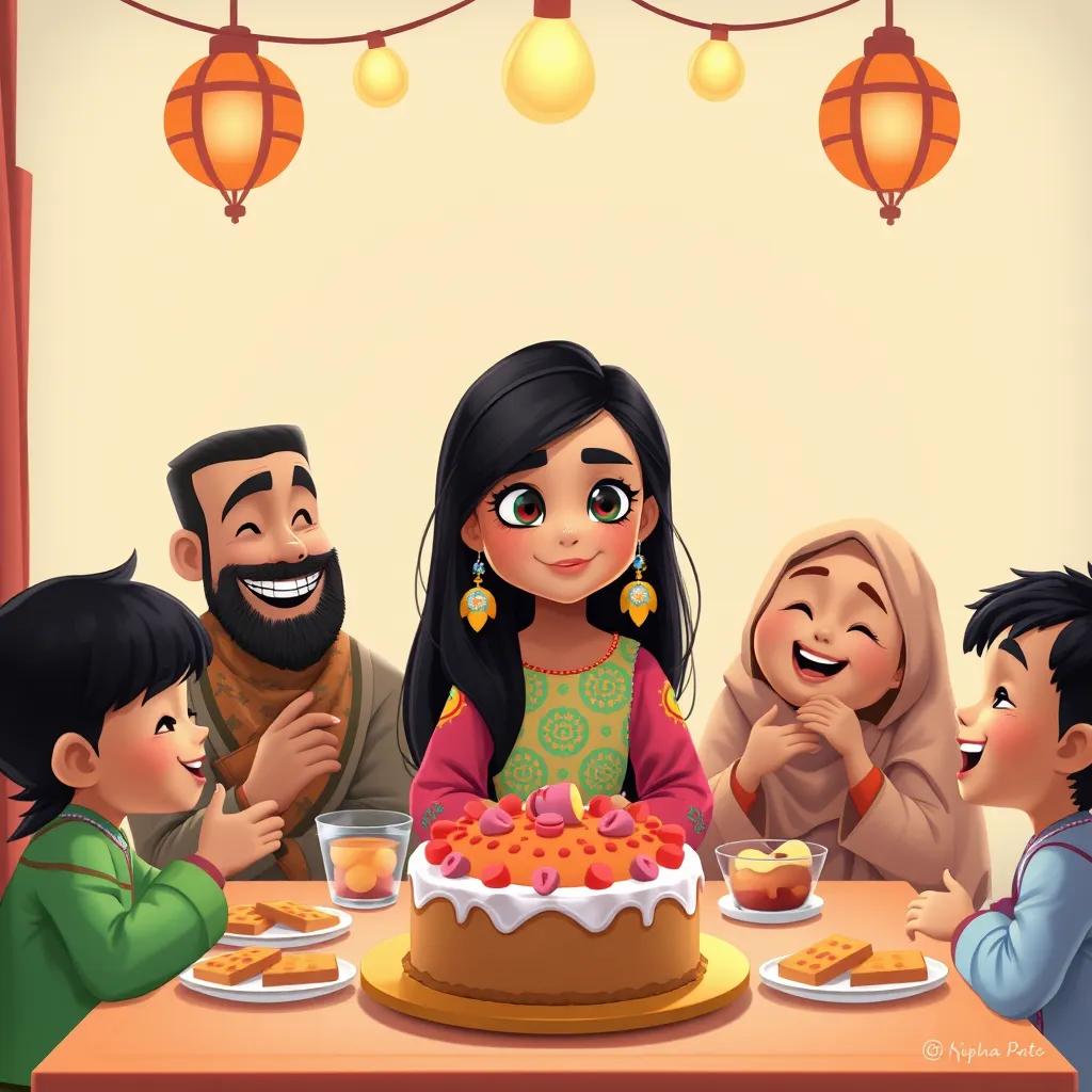 Khawlah, a young Arab girl with long, black hair in a colorful dress, family gathered around the table, happily tasting the cake she baked, joyful atmosphere, vibrant colors, family love