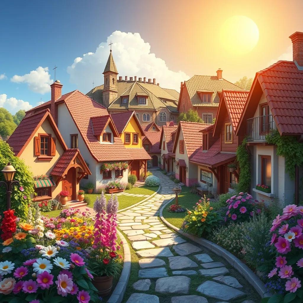 A beautiful small village, vibrant with flowers and houses, under a bright sunny sky, welcoming atmosphere, digital art, cheerful colors, inviting scene, high quality