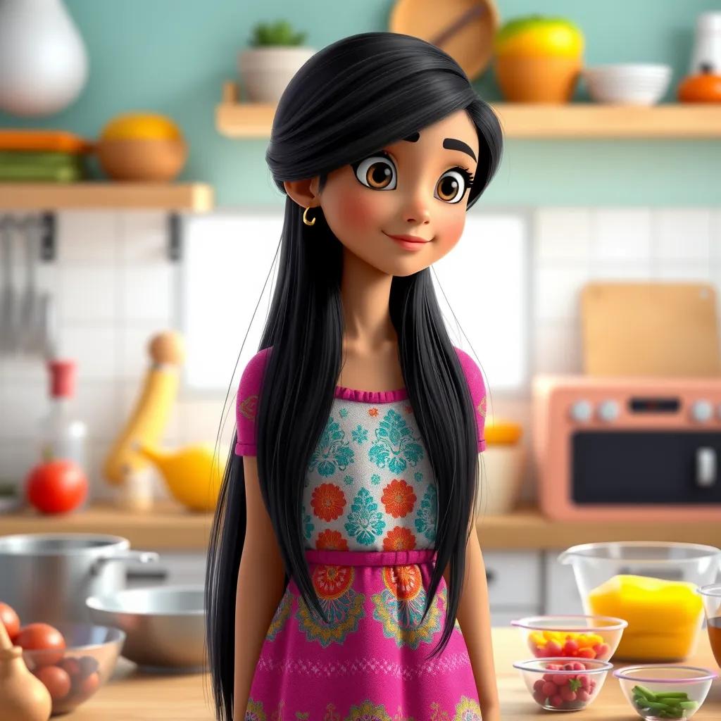 A young Arab girl, Khawla, with long black hair, wearing a colorful dress, standing in a bright kitchen with ingredients and measuring cups around her, focused expression, digital art, bright and colorful, cheerful