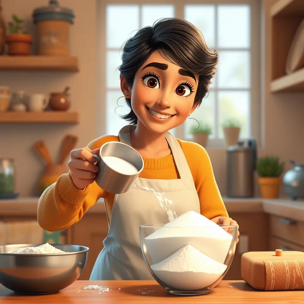 Khawla carefully measuring flour with a cup and sugar in a bowl, a smile on her face, kitchen filled with warm light, inviting and cozy atmosphere, high quality