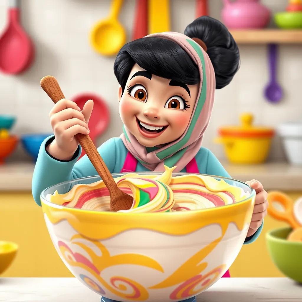 A large mixing bowl filled with a colorful cake batter, Khawla stirring it with a wooden spoon, joyful expression, kitchen background with colorful utensils, lively and vibrant, high quality
