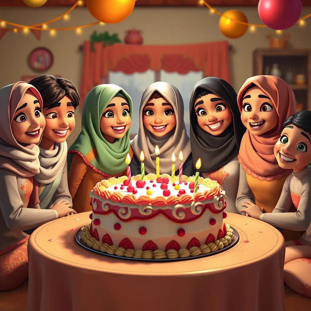 A freshly baked cake on a table, surrounded by Khawla and her friends, all smiling and celebrating, bright colors, festive atmosphere, high quality