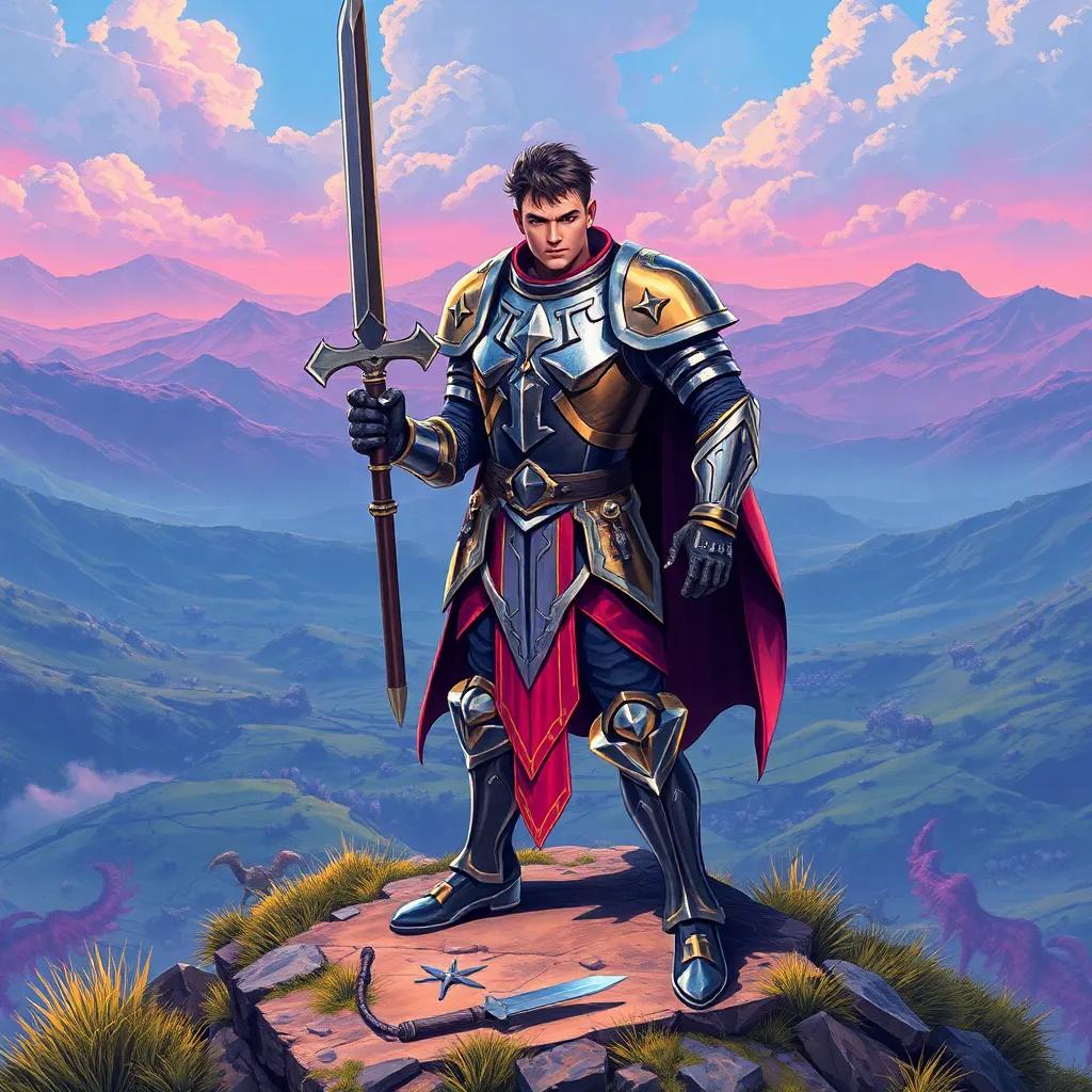 A brave knight named Zaid, with shiny armor and a strong sword, standing on top of a hill overlooking a valley, magical creatures in the background, epic fantasy illustration, vibrant colors, dynamic perspective, high quality