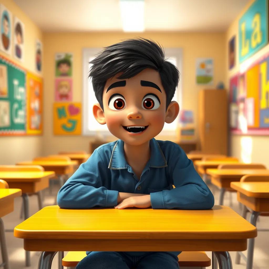 A young Arab boy, Ali, with short black hair, wearing a blue shirt and jeans, sitting at a wooden desk in a bright classroom with colorful posters on the walls, excited expression, digital art, cheerful atmosphere, focused view, high quality