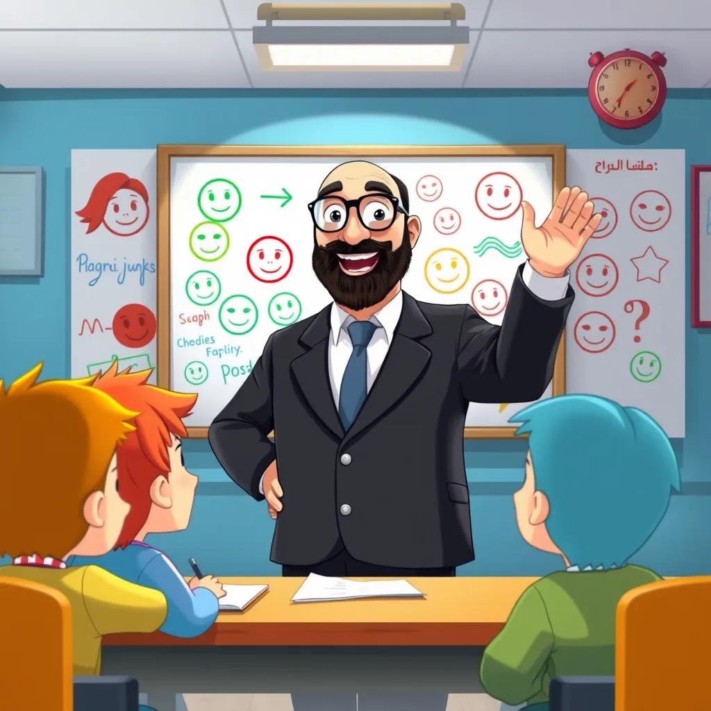 A classroom scene with an enthusiastic teacher, Dr. Fahd, a middle-aged Arab man with a beard, wearing glasses and a black suit, standing in front of a whiteboard filled with colorful drawings, teaching kids with happy faces, illustration, bright and vibrant colors, engaging perspective, high resolution