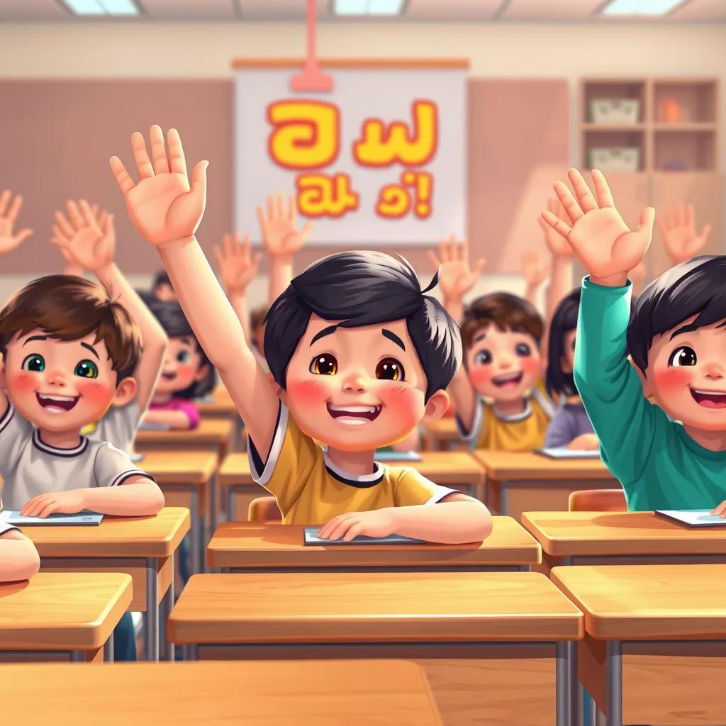 Children sitting at their desks, raising their hands eagerly, expressing joy and curiosity about the lesson they are learning about 'حال الكلمة', digital painting, lively colors, warm lighting, child-friendly perspective, quality focus