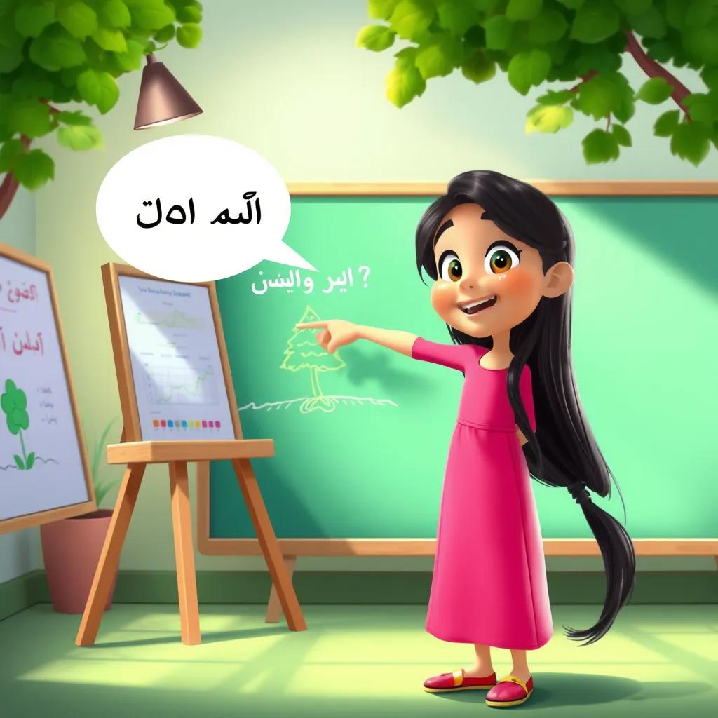 A lively scene with Mariam, a young Arab girl with long black hair, wearing a pink dress, excitedly saying 'الشجرة خضراء' while pointing at a green tree drawing on the board, bright colors, joyful atmosphere, clear perspective, high quality