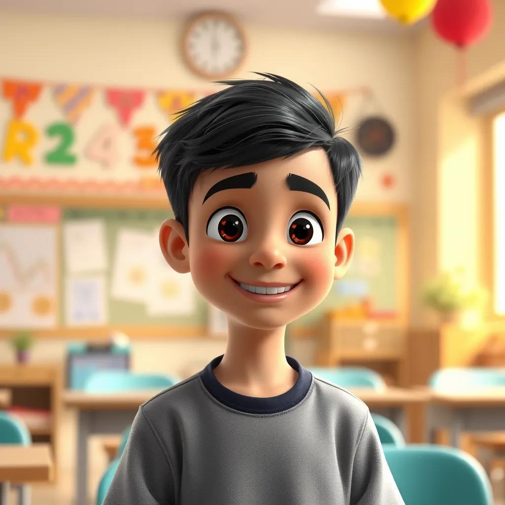 Ali, a young Arab boy with short black hair, smiling while thanking Dr. Fahd at the end of the class, background of the classroom with colorful decorations, warm light, uplifting vibe, child-friendly art, highly detailed