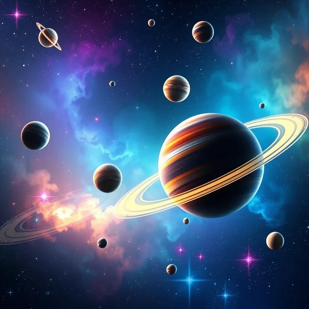 A colorful space system with multiple planets and stars in the background, digital art, vibrant colors, celestial atmosphere, high quality