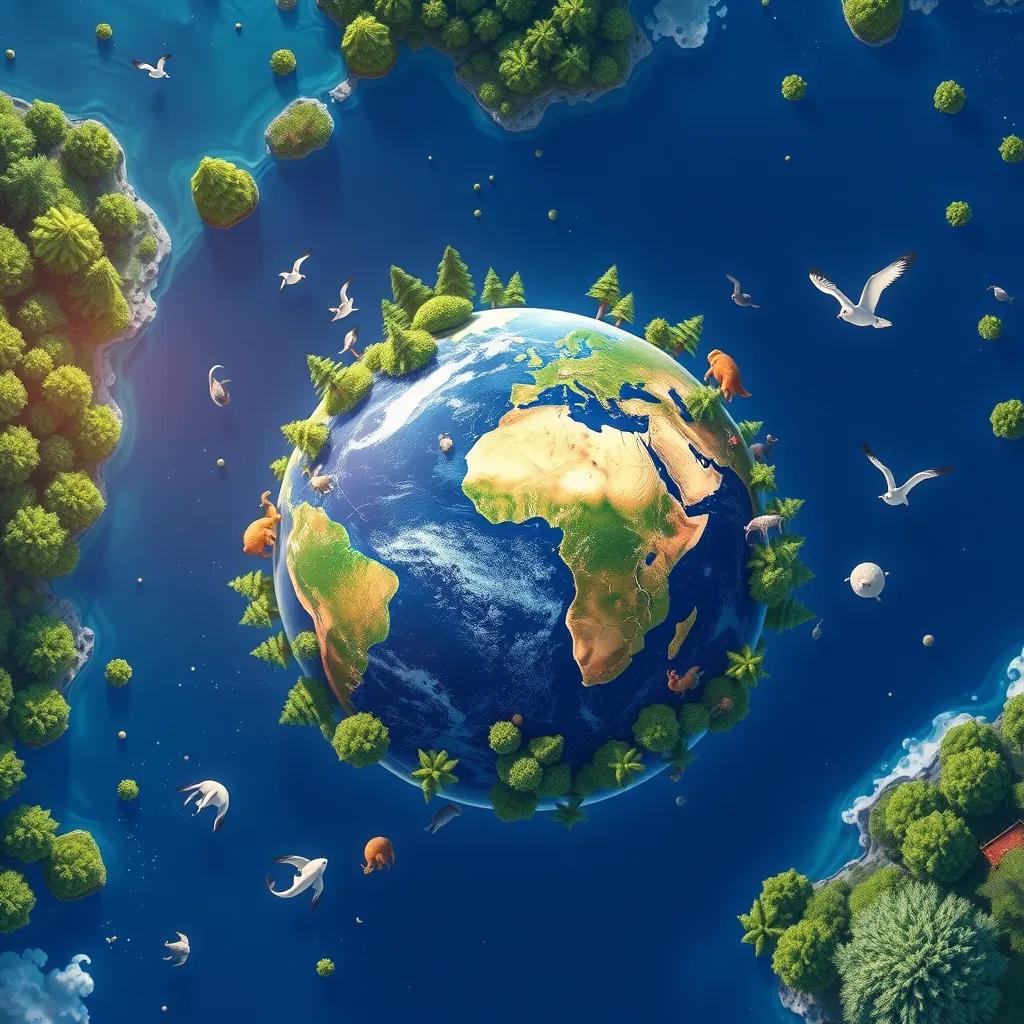 A blue water planet called Earth, teeming with life, showing forests and animals, bright and cheerful, digital painting, inviting scene, lively details, high quality