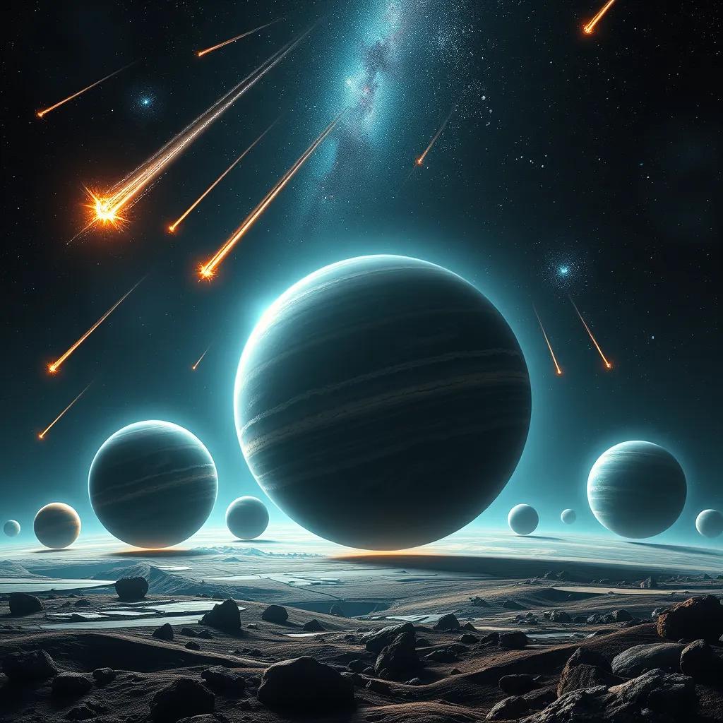 A series of planets evolving with time, showing meteors hitting and stars shining above, emphasizing change, cosmic art style, dynamic lighting, captivating scene, high quality