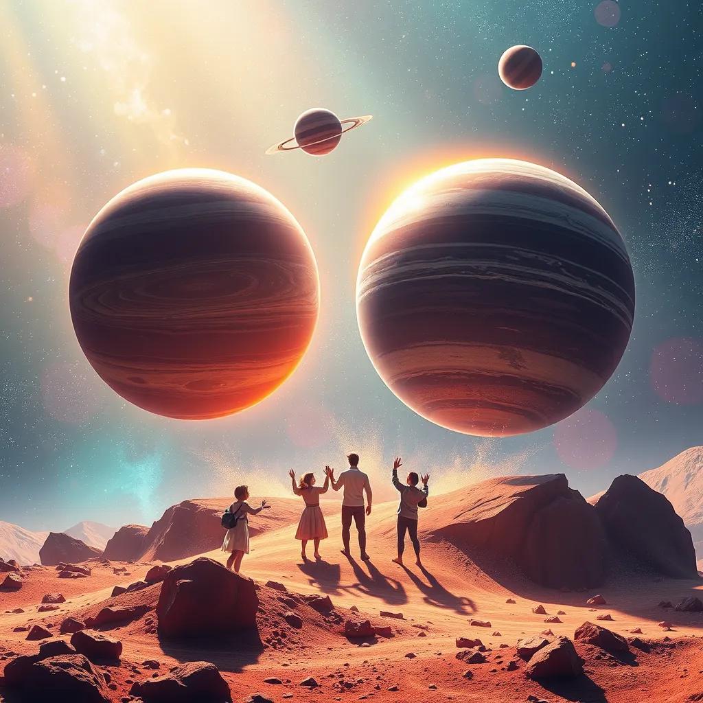 A scene of planets helping each other during challenges, showing teamwork among them, with cosmic dust and bright colors, uplifting and motivational, digital art, high quality