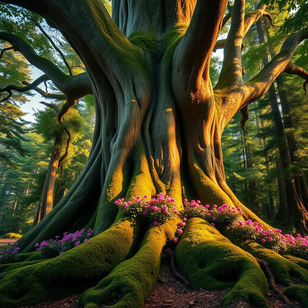 A large, ancient tree in a dense forest, vibrant flowers and green moss surrounding its roots, digital art, warm sunlight, lively atmosphere, high quality
