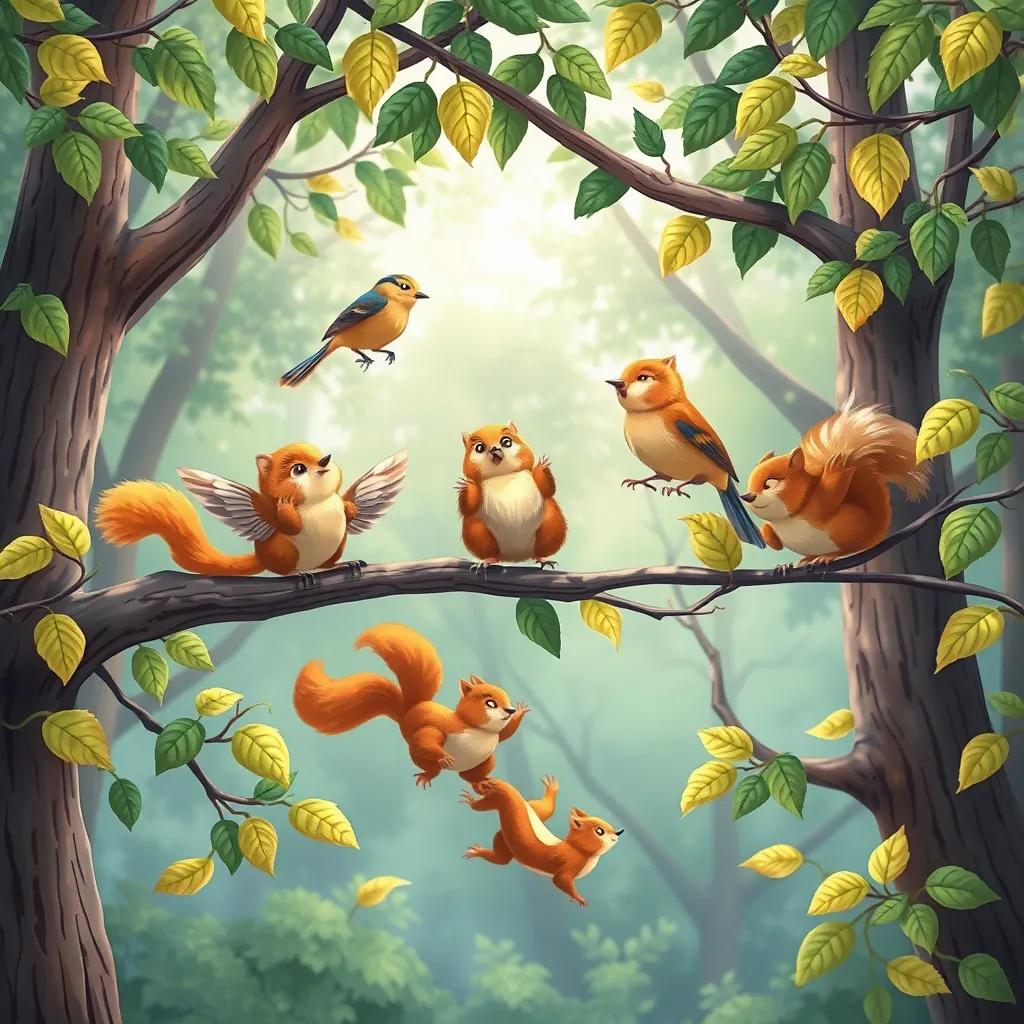Birds singing on the tree branches, playful squirrels jumping among the leaves, beautiful forest background, cheerful and colorful, child-friendly illustration, high quality