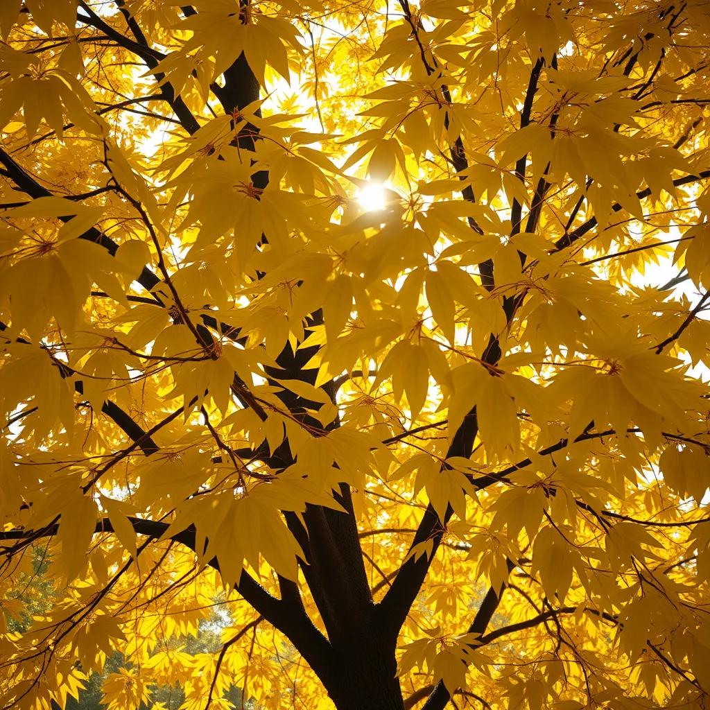 Yellowing leaves of the tree, with soft sunlight peeking through, the tree looks a bit sad but accepting, gentle and warm colors, touching scene, high quality