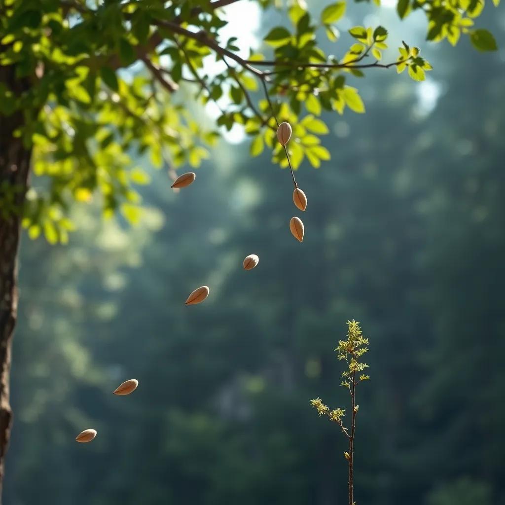 The tree's seeds floating in the wind, with a serene forest backdrop, smaller trees starting to grow from the seeds, hopeful and uplifting imagery, high quality
