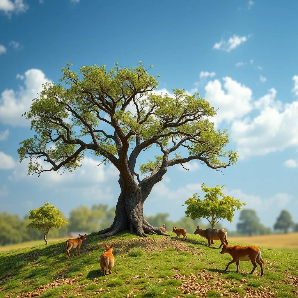 Small new trees growing where the old tree's seeds fell, animals gathering around them, symbolizing the cycle of life continuing, bright and cheerful colors, heartwarming scene, high quality