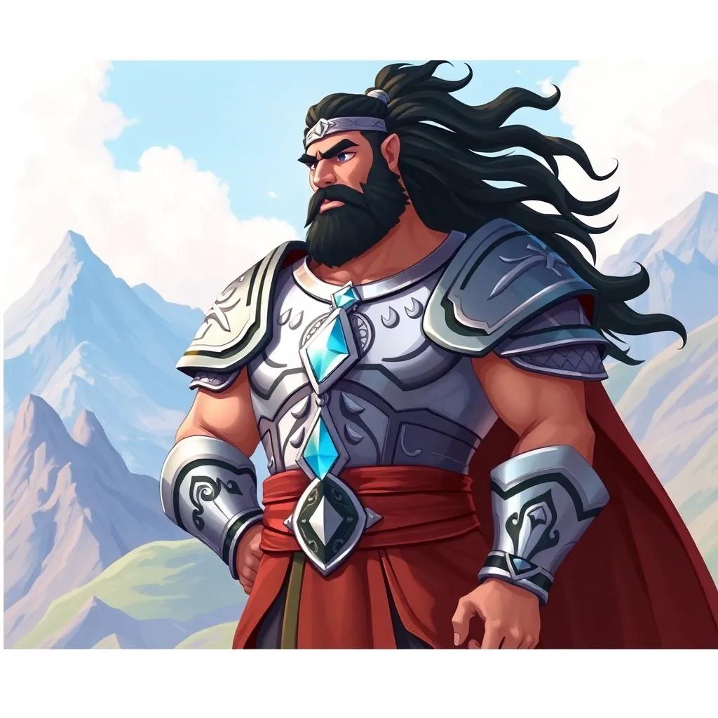 A strong and noble man, Dhul-Qarnayn, with shining armor and a diamond necklace, standing on a mountain with a determined expression, digital art, bright colors, inspiring atmosphere, high quality
