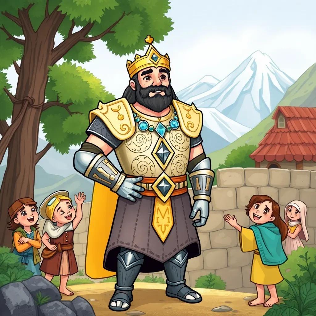 Dhul-Qarnayn, a strong and noble man with shining armor and a diamond necklace, building a strong wall with the help of villagers, surrounded by trees and mountains, illustration, cheerful and cooperative scene, child-friendly