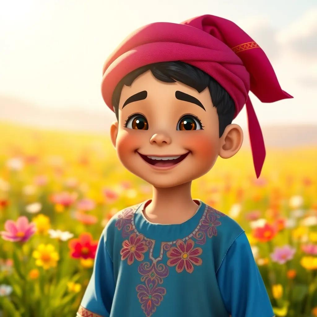 A young Arab boy, Rashid, smiling and joyful, wearing a colorful traditional outfit, standing in a sunlit field with flowers, bright sky, friendly atmosphere, digital art, cheerful colors, child-friendly, high quality