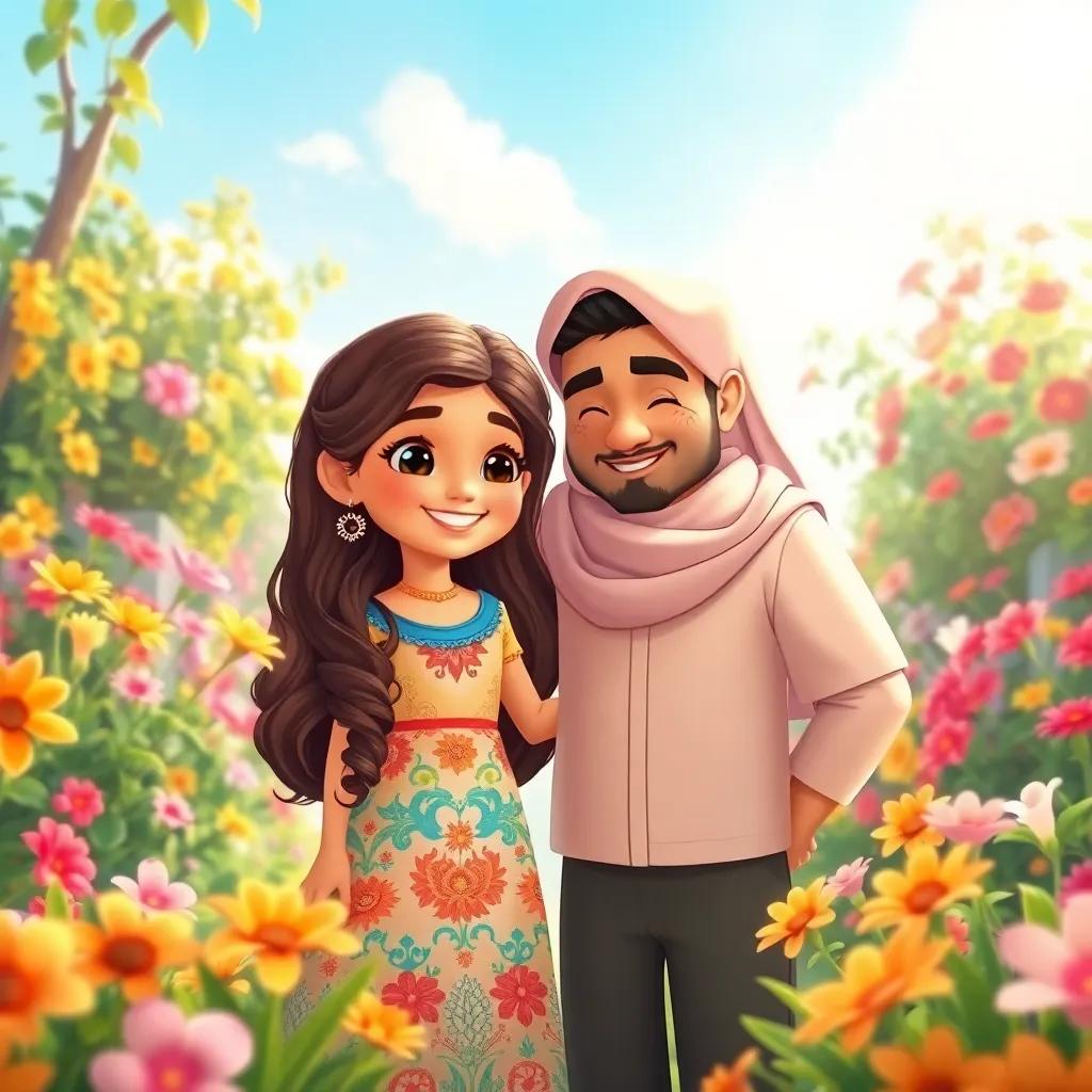 A young Arab girl, Nour, with long, wavy hair wearing a bright dress, standing beside Rashid in a beautiful garden, colorful flowers around them, soft sunlight, joyful scene, illustration, heartwarming vibe, detail-oriented