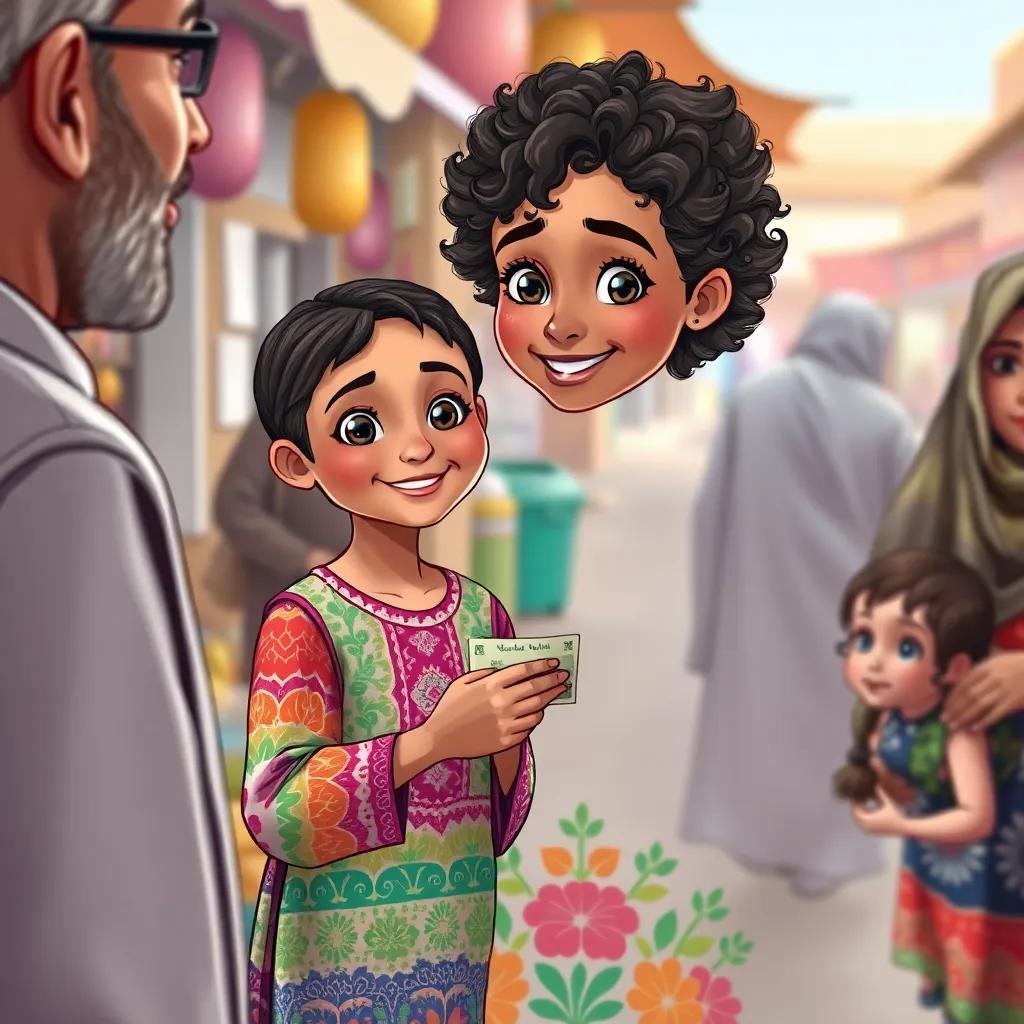 A young Arabic girl, Rama, with short curly hair, wearing a colorful dress, standing in a busy market next to her father, smiling and handing 10 riyals to a woman with a child, illustration, vibrant colors, joyful atmosphere, child-friendly, detailed