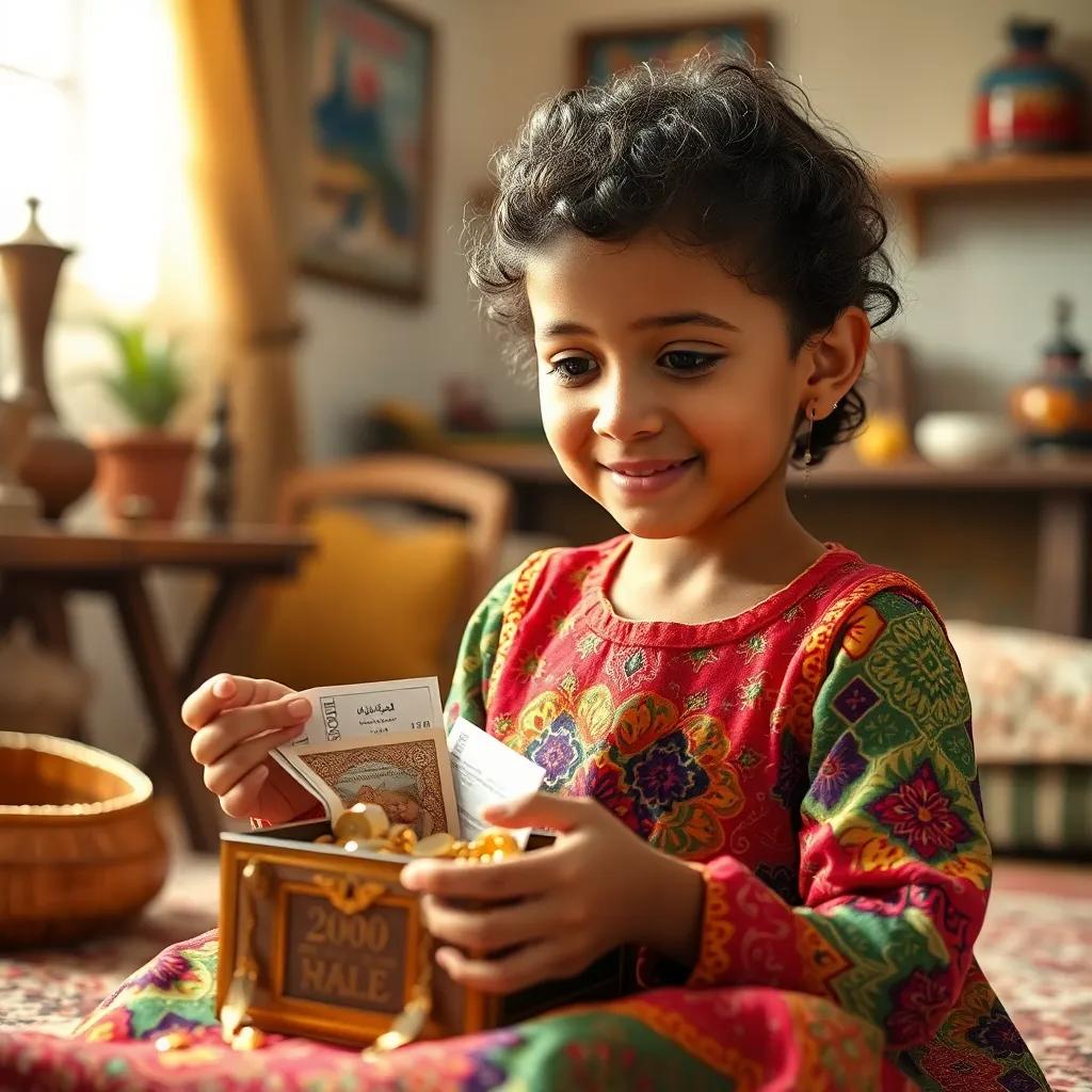 Rama, a young Arabic girl with short curly hair in a colorful dress, discovering a treasure box with 200 riyals at her grandmother's house, bright and warm room, soft light, cheerful setting, high-quality, heartwarming scene