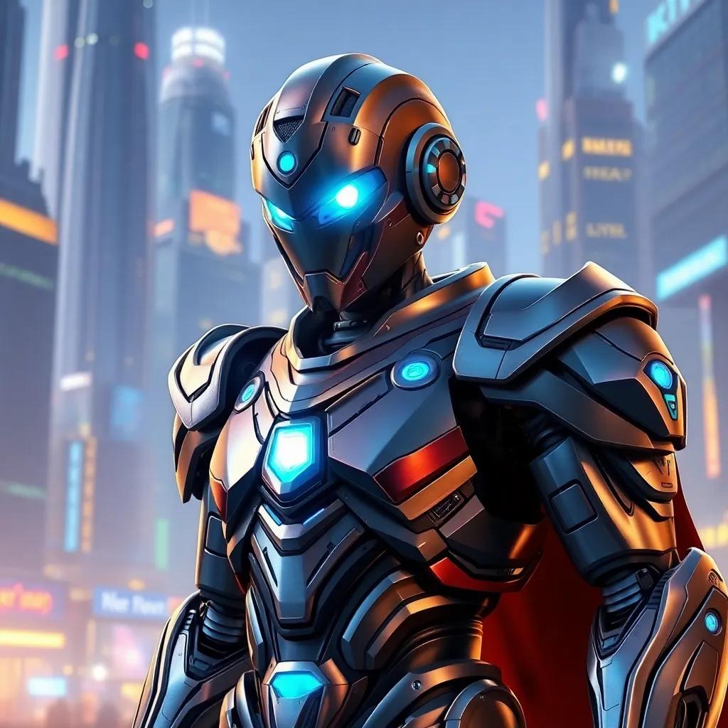 A brave robot named Arthur, with metallic skin and glowing blue eyes, wearing advanced armor, standing in a futuristic city, digital art, vibrant colors, heroic pose, high quality