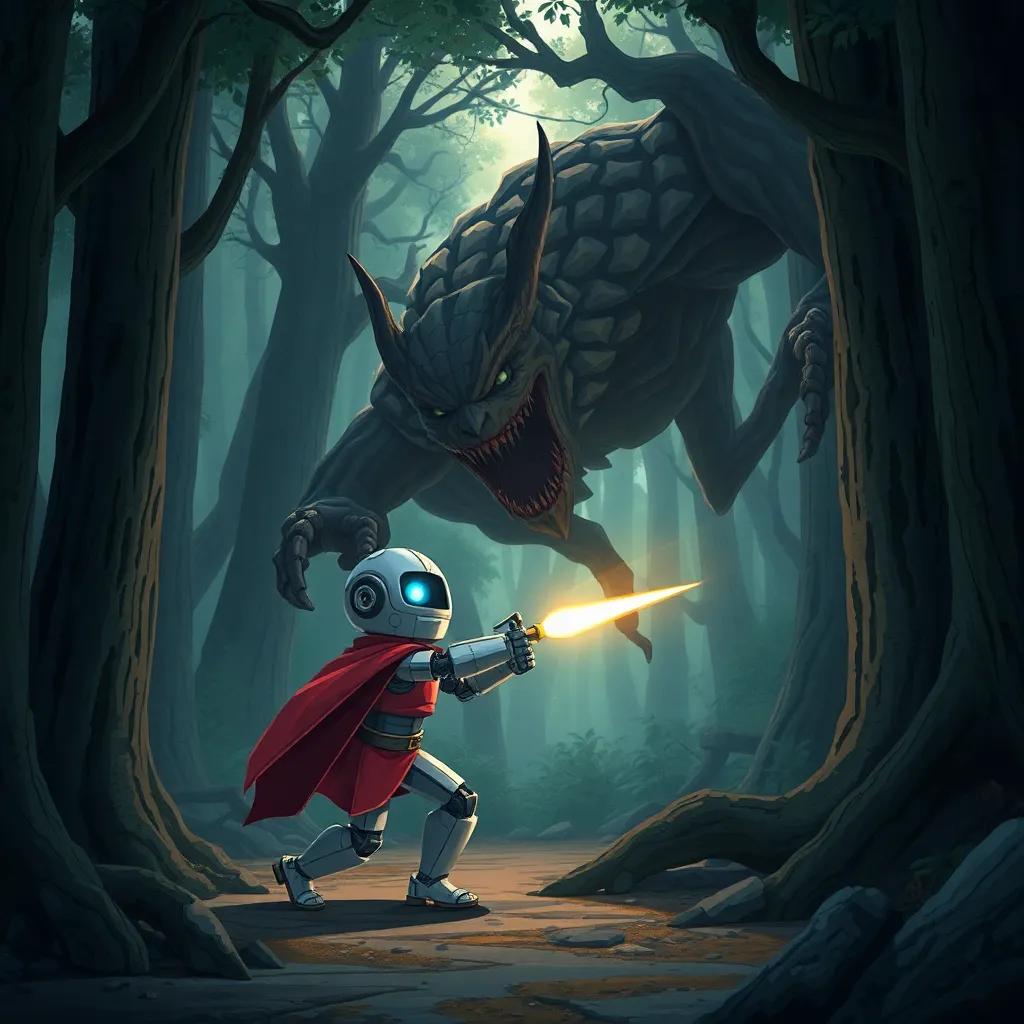 Arthur, the brave robot, fighting a dark and monstrous creature in a dense ancient forest, surrounded by trees, detailed illustration, suspenseful atmosphere, action shot, child-friendly