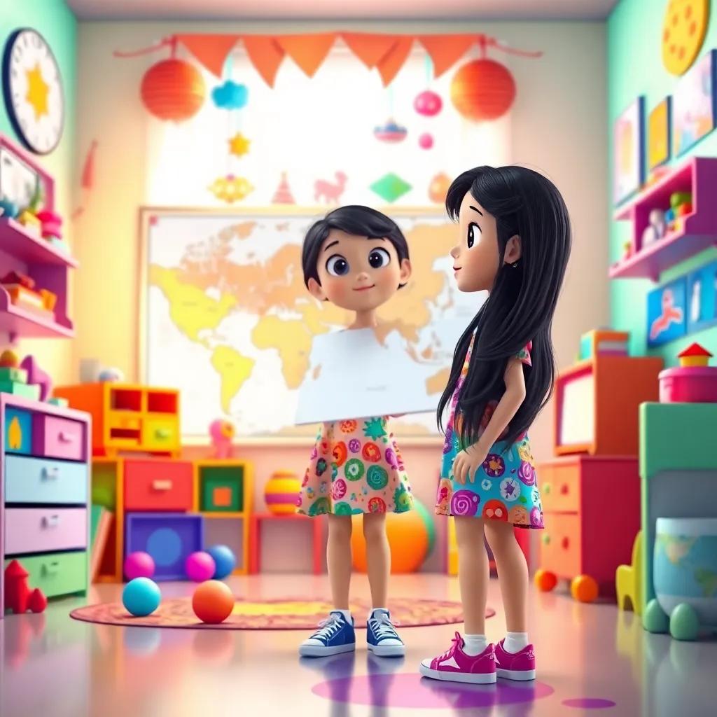 A young Arab girl, Noura, with long, dark hair, wearing a colorful dress and sneakers, looking at a large map in her bright, cheerful room, filled with colorful toys and decorations, digital art, vivid colors, warm and joyful atmosphere, high quality